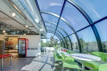 Curved atrium glass ceiling from the inside