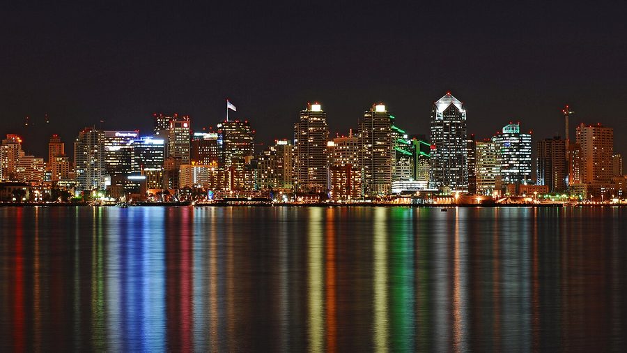 Rufustelestrat · CC BY 2.5 · Wikimedia Commons The San Diego skyline from the bay at night