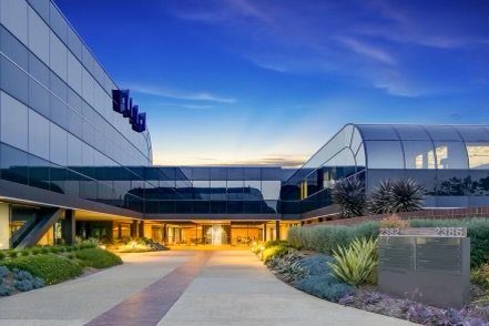 Office building entrance at dusk