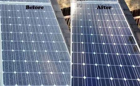 Solar panel half cleaned, showing the before and after side by side